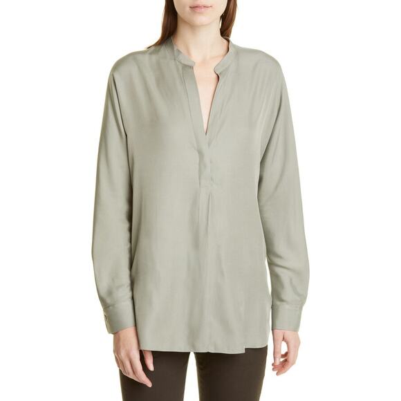 Vince Split Neck Silk Blend Tunic Blouse Long Sleeve Moss Green Size XS NWT - Picture 1 of 11